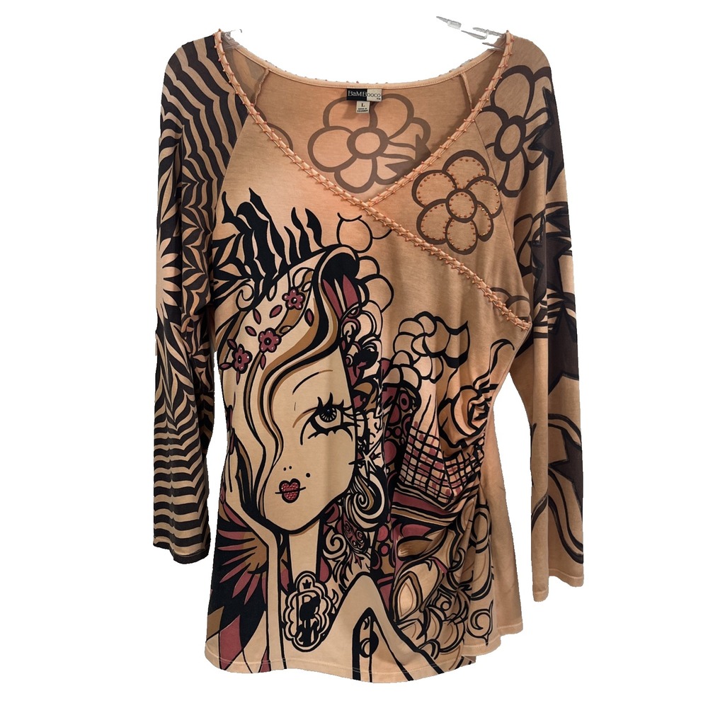 BaMBooco Women's Top Size L Artsy Art to Wear Mixed Print Beaded Pima Cotton